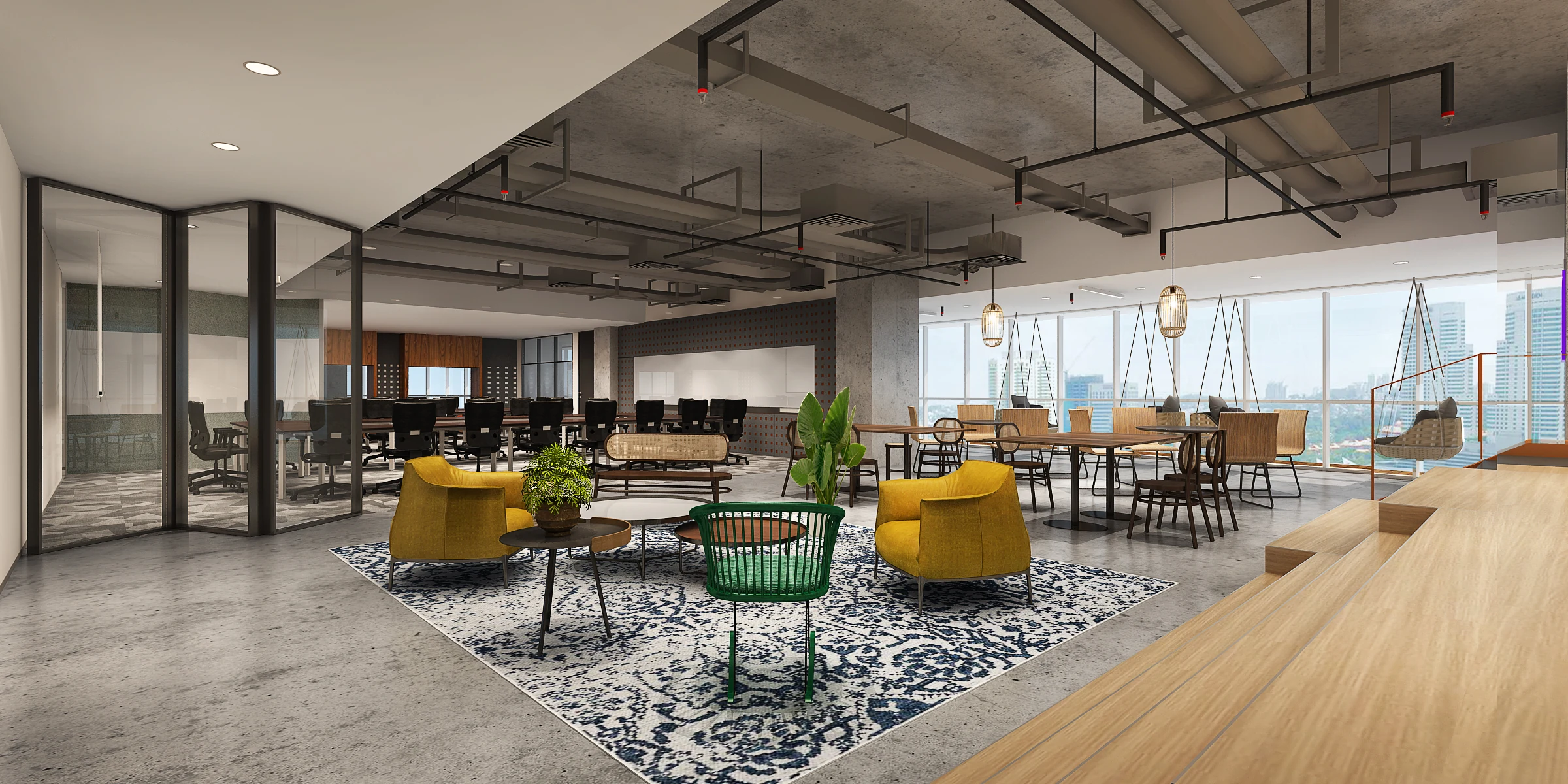 Contemporary Jakarta workplace with a social hub, collaboration areas and planting